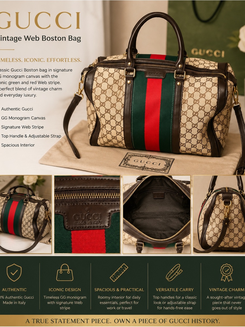 Gucci Beige GG Boston Bag with Green & Red Stripe